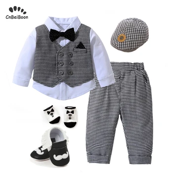2021 Módní dětské Oblečení Sady bavlna Chlapec oblečení Novorozence boy suit 5ks dlouhý rukáv kojenecké Houndstooth dárek k narozeninám