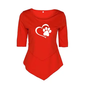 2021 Módní Psí Tlapa Tisk T-Shirt Žen O-neck Bavlněné Topy Polovina Rukáv Nové Nepravidelné Roztomilý Tisk Slečno Košile pro Ženy