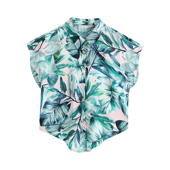 2021 Nové Letní Dámské Uzel Zdobené Zelené Tištěné Tričko Ženy Ležérní Skládaný Dekorativní Závěs Kalhoty Oblek Jediného Breasted