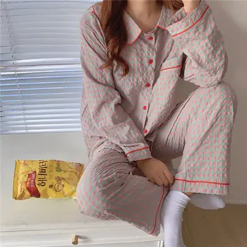2021 Podzim Hot Prodej Kostkované Oblečení Na Spaní Ležérní Pyžamo Elegantní Tenké Ženy Geometrické Nové Pohodlné Volné Pyžamo Sady