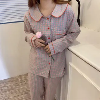 2021 Podzim Hot Prodej Kostkované Oblečení Na Spaní Ležérní Pyžamo Elegantní Tenké Ženy Geometrické Nové Pohodlné Volné Pyžamo Sady