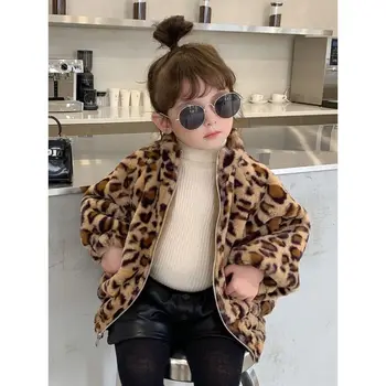 2021 Podzim Zima Děti Dívky Kabát Tlusté Teplé Děti Bunda Leopard Batole Dítě Dívky Bunda Umělé Kožešiny Teenager Oblečení D341
