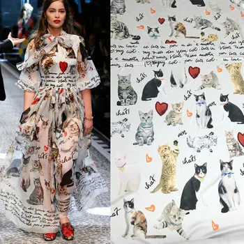285X145cm Fashion Week Dráhy Krásné Kočky anglické Písmena Bílá Šifon Tkaniny pro Ženy, Dívka, Dlouhé Letní Plážové Šaty DIY