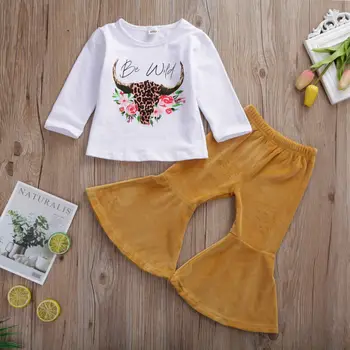 2KS Baby Girls Oblečení T-shirt Květinové Topy+ žlutá Vzplanul Kalhoty bell spodní kalhoty Sada Batole Podzimní Oblečení Tepláky