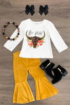 2KS Baby Girls Oblečení T-shirt Květinové Topy+ žlutá Vzplanul Kalhoty bell spodní kalhoty Sada Batole Podzimní Oblečení Tepláky