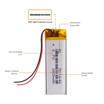 3.7 V 380mAh 501646 Lithium Polymer LiPo Dobíjecí Baterie ion článků Pro Samsung player malé hračky sluchátka
