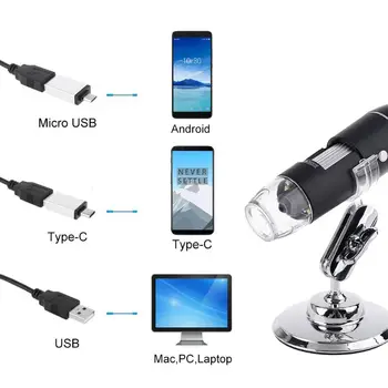 3-v-1 Digitální USB Mikroskop 1600X Přenosné 2Adapters Podporu OSX, Windows, PC, Type-C Micro-USB Telefonu Lupa s 8LED