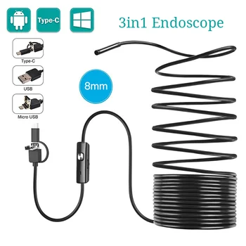 3 v 1 Kamera-Endoskop 8 mm Ultra Tenký Vodotěsný Inspekce Had Fotoaparát Pevný Kabel pro PC Android Telefon Endoskop Potrubí