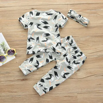 3ks Novorozené Dítě Dítě Dívka Oblečení Nastavit Krátký Rukáv Flamingo Print Topy+Kalhoty+Čelenka Batole Oblečení