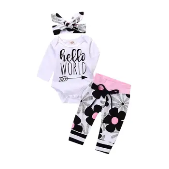 3kusy Novorozeně dívka šaty sady Dopis vytisknout Hello World Topy Romper+Květinové Kalhoty+Klobouk Kojenecké dívčí oblečení oblečení