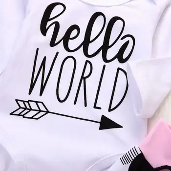 3kusy Novorozeně dívka šaty sady Dopis vytisknout Hello World Topy Romper+Květinové Kalhoty+Klobouk Kojenecké dívčí oblečení oblečení