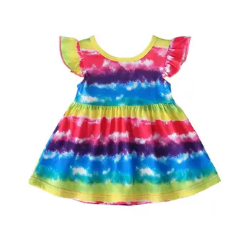 -3Y Dítě Batole Děti Dívky Šaty Létat Rukáv Rainbow Pruhované Šaty Pro Dívky Módní A-line letní Šaty, Letní Oblečení Oblečení