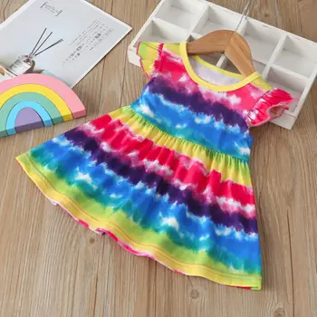 -3Y Dítě Batole Děti Dívky Šaty Létat Rukáv Rainbow Pruhované Šaty Pro Dívky Módní A-line letní Šaty, Letní Oblečení Oblečení