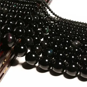 4-20mm Přirozený oblý Černý Obsidián Kamene Korálky Pro Výrobu Šperků Korálky, Náramky Pro Ženy, 15