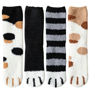 4 Páry Ženy, Tlusté Ponožky Plyš Coral Vlna Zimní Roztomilé Sladké Kreslená Kočka Dráp Doma v Podlaze