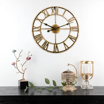 40cm Retro Iron Art Clock Tří-dimenzionální Římské Číslice Tiché Nástěnné Hodiny pro Home Decor - Rose Gold