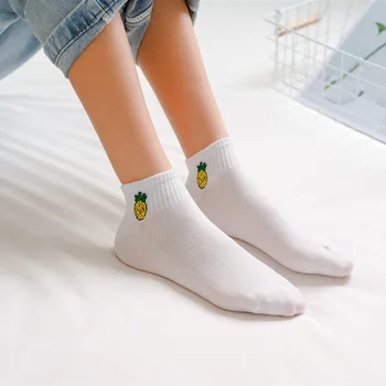 5 Párů Ponožky Happy Cartoon Ovoce Výšivky Třešeň Ananas, Jahoda, Jablko, Banán Vzor Pruhované Korean Harajuku Ženy Ponožky