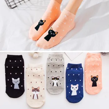 5Pairs Jaro Léto Karikatura kotě, Kočka Ponožky Roztomilý Zvířat Ženy Vtipné Ponožky Kotníkové Ponožky Dámy, Dívky Bavlna Neviditelný Ponožky