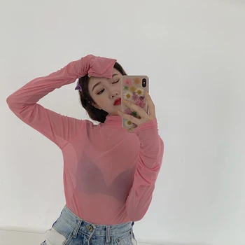 6 barev 2019 letní korean candy barva dlouhý rukáv mesh t-košile dámské tričko femme (R4481)