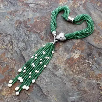 8Strands bílá sladkovodní perla zelené kámen náhrdelník mikro vložka zirkon příslušenství leopardí hlava Přezka přívěsek Střapec