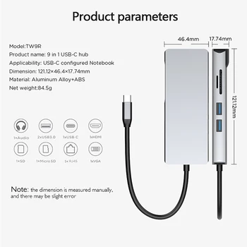 9 v 1 USB C Uzel Typu C, Dokovací Stanice Plug and Play pro