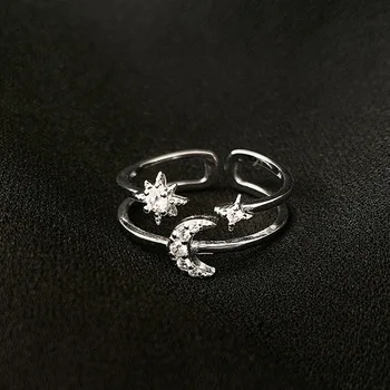 925 Sterling Silver Nastavitelný Ženy Prsteny Drahokamu Měsíc Hvězda CZ Snubní Prsteny pro Ženy, Dívky, Strana, Svatební Šperky