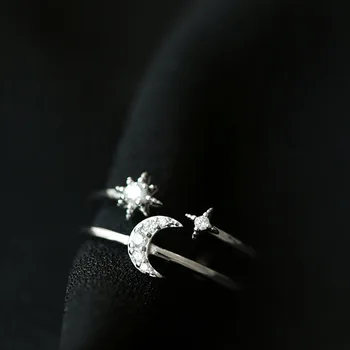 925 Sterling Silver Nastavitelný Ženy Prsteny Drahokamu Měsíc Hvězda CZ Snubní Prsteny pro Ženy, Dívky, Strana, Svatební Šperky