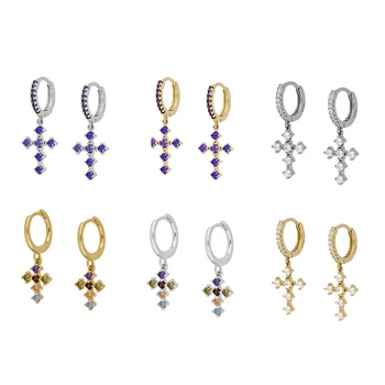 925 Sterling Silver Rainbow/Purple/Bílé Zirkony Kříž Přívěsek Hoop Náušnice pro Ženy Jednoduchý Kruh Náušnice Módní Šperky