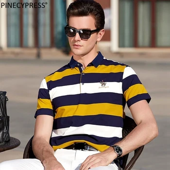 95% Bavlna, 5% Spandex Men Krátký Rukáv Polo Tričko Asijské Velikosti Mužské Měkké Kvalitní Módní Modrý Žlutý Pruh Muž Polo-tričko