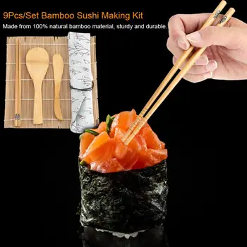 9Pcs/Set Bamboo Sushi Maker Kit Obsahuje 2 Válcovací Rohože 5 Hůlek, 1 Pádlo, 1 Sushi Čepel Kuchyně Šéfkuchaře Sushi Sada Nářadí