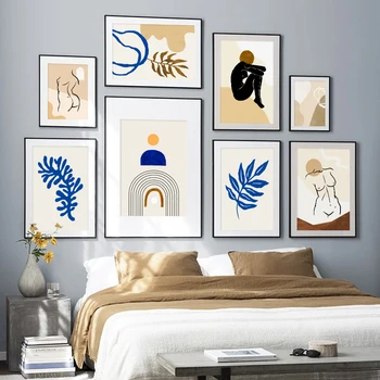 Abstraktní Béžová, Modrá, Botanika, Geometrie Nude Lady Line Malířské Plátno Umění Zdi Vytisknout Plakát, Obraz Obývací Pokoj Domácí Dekorace