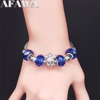 AFAWA Mořská Želva z Nerezové Oceli Modré Skleněné Korálky Náramek Ženy, Stříbrná Barva Náramky Šperky pulseira feminina BXS02