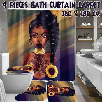 Africké Americké Ženy Odolné Vodotěsné Sprchový Závěs Sada s Afro Africe Dívka Královna Non-Slip Koupelna Mat Koberce