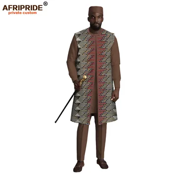 Africké Muži Oblečení 4 Ks Tepláky Tisk Kabáty Dashiki Košile Ankara Kalhoty Klobouk Tradice Oblečení AFRIPRIDE A2016004