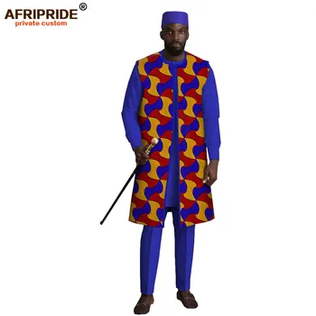 Africké Muži Oblečení 4 Ks Tepláky Tisk Kabáty Dashiki Košile Ankara Kalhoty Klobouk Tradice Oblečení AFRIPRIDE A2016004