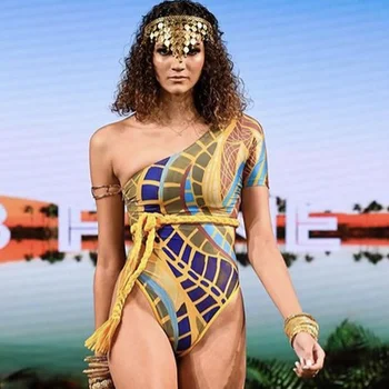 Africký Styl Jednoho Ramene Monokiny Totem Vytisknout Jeden Kus Plavání Plavky Plavky Ženy Plavky Koupající Kombinézu Maillot