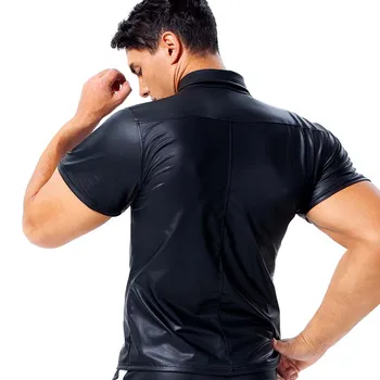 AIIOU Muži Sexy Černé T Košile Faux Kožené muži Muži Spandex Těsné Košile Gay Legrační Muž Košilky Tanec Nosit Korzet Oblečení