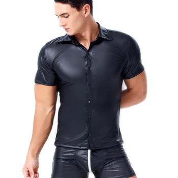 AIIOU Muži Sexy Černé T Košile Faux Kožené muži Muži Spandex Těsné Košile Gay Legrační Muž Košilky Tanec Nosit Korzet Oblečení