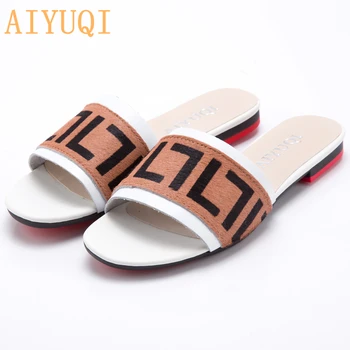 AIYUQI Ženy, Přezůvky 2020 Nové letní Pravé Kůže s Plochou Ženy skluzavky Mohér Neformální Venkovní Pantofle Dámské boty