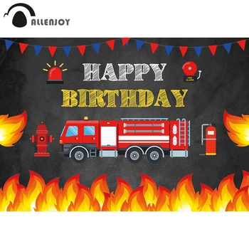 Allenjoy Pro Hašení Požáru Strana Photophone Cartoon Fire Truck Cihlová Zeď Baby Sprcha Pozadí, Banner Happy Birthday Party Záclony