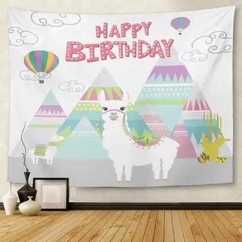 Alpaka Happy Birthday Roztomilé Lama Peru Air Balloon Animal Domova Gobelín Zavěšení na Zeď pro Obývací Pokoj Ložnice 50x60 palce