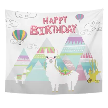 Alpaka Happy Birthday Roztomilé Lama Peru Air Balloon Animal Domova Gobelín Zavěšení na Zeď pro Obývací Pokoj Ložnice 50x60 palce