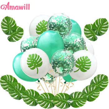 Amawill Havajské Párty Dekorace Set Umělé Tropické Palmové Listy Zelené Latexové Konfety, Balónky pro Letní Narozeniny Dekor 7D