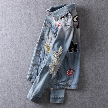 Americký Streetwear Móda Pánské Sako Světle Modré Skvrny Sestříhané Zničil Džínové Bundy pánský Kabát Značky Hip Hop Bundy hombre