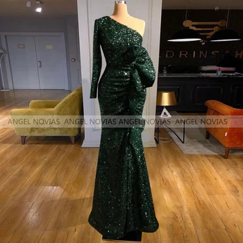 ANDĚL NOVIAS Dlouhý Rukáv Jedno Rameno Zelená Mořská panna Krajka Večerní Šaty 2021 Prom Party šaty Šaty Sirene Rouge