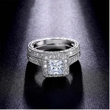 Anenjery 1 Pár Luxusní Stříbrné Prsteny Pro Ženy, Muže, Náměstí Oslňující CZ Mozaika Zirkon Snubní Prsteny Set S-R254