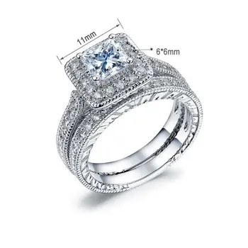 Anenjery 1 Pár Luxusní Stříbrné Prsteny Pro Ženy, Muže, Náměstí Oslňující CZ Mozaika Zirkon Snubní Prsteny Set S-R254