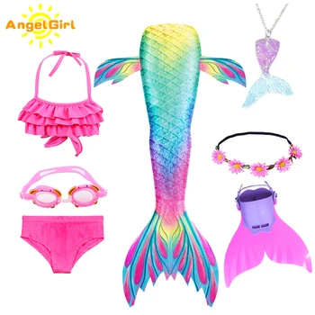 AngelGirl 2020 Dívky Mermaid Ocasy S Monofin Bikini Koupání Dětí Oblek Plavky pro Děti Princezna Kostým Swimmable Oblek