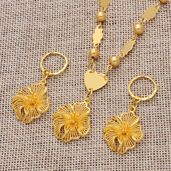 Anniyo Hawaii Flower Přívěsek Náhrdelníky Náušnice Ženy, Dívky Zlatá Barva Guam, Mikronésie, Marshallovy Ostrov Africké Šperky Set#017707