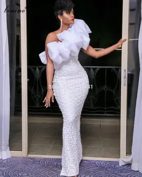 Arabské Elegantní Bílé Večerní Šaty Dlouhé Na Jedno Rameno Mořská Panna Celebrity Šaty Ženy Party Večer Haute Couture Velkolepou Událost Šaty
